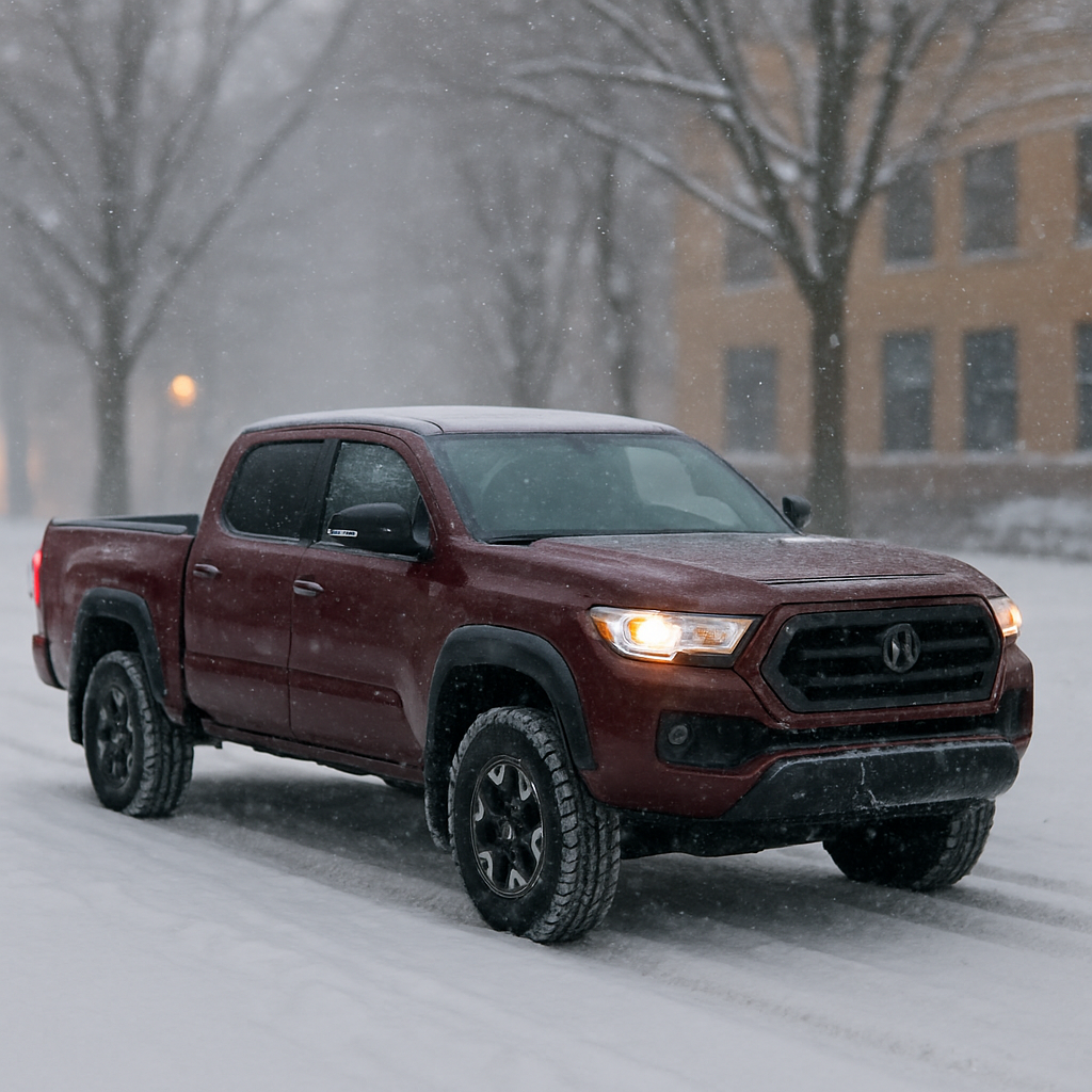 Dark red Toyota Tacoma crew cab pickup truck driving on a snowy street