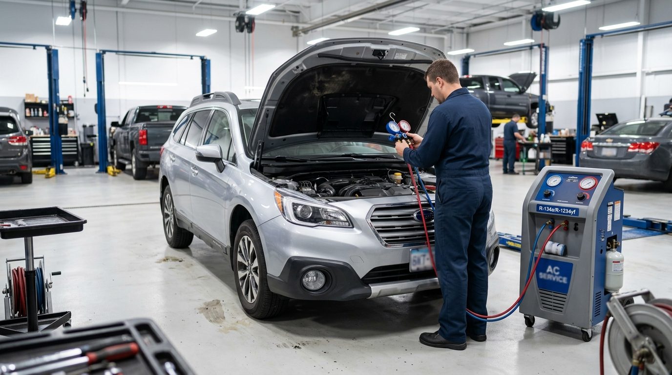 Technician performing car AC repair and refrigerant recharge in Madison, WI