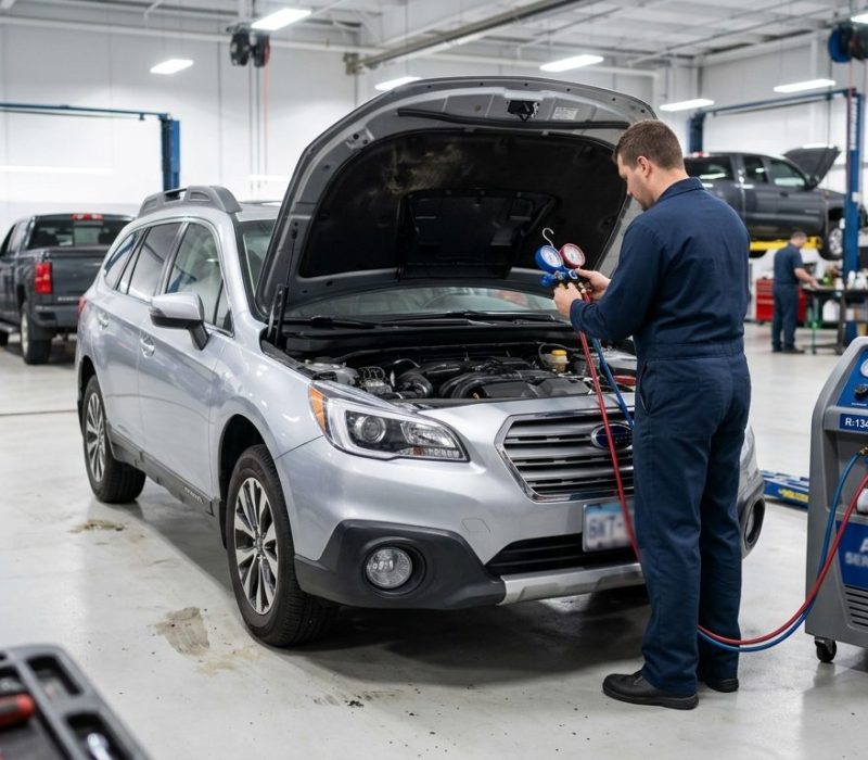 Technician performing car AC repair and refrigerant recharge in Madison, WI